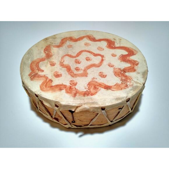 7.5" Native American Animal Hide Hand Drum & 11" Hand Carved Pictograph Maraca - Picture 5 of 8